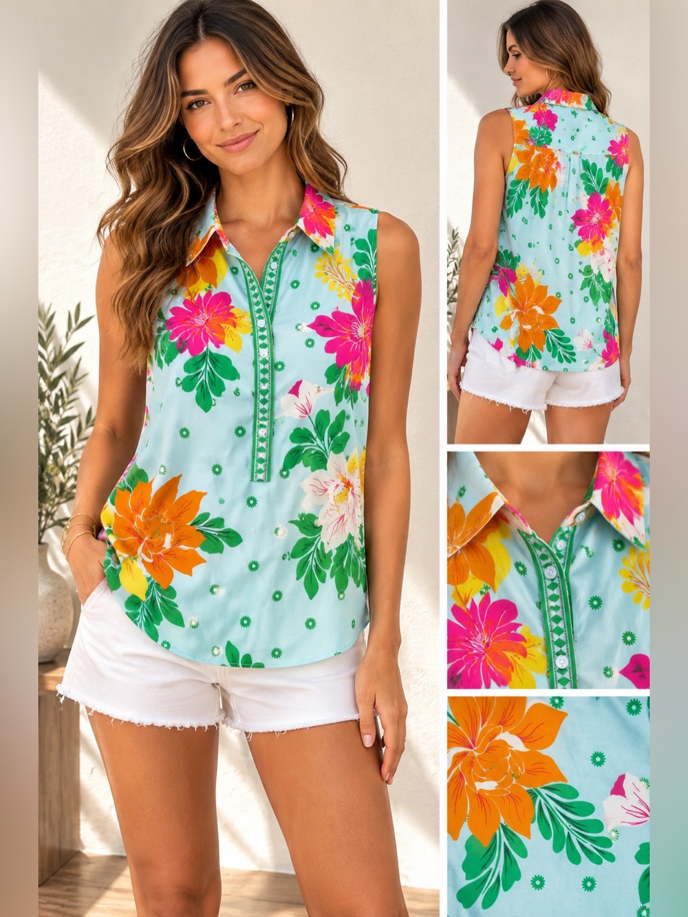 Maude Vivante Tropical Floral Sleeveless Blouse Aqua Multicolor Size M NWT